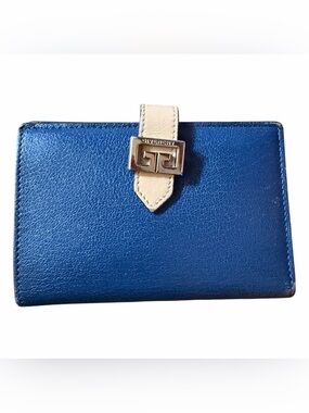 Givenchy Blue Leather Card Wallet with Cream Strap Accent